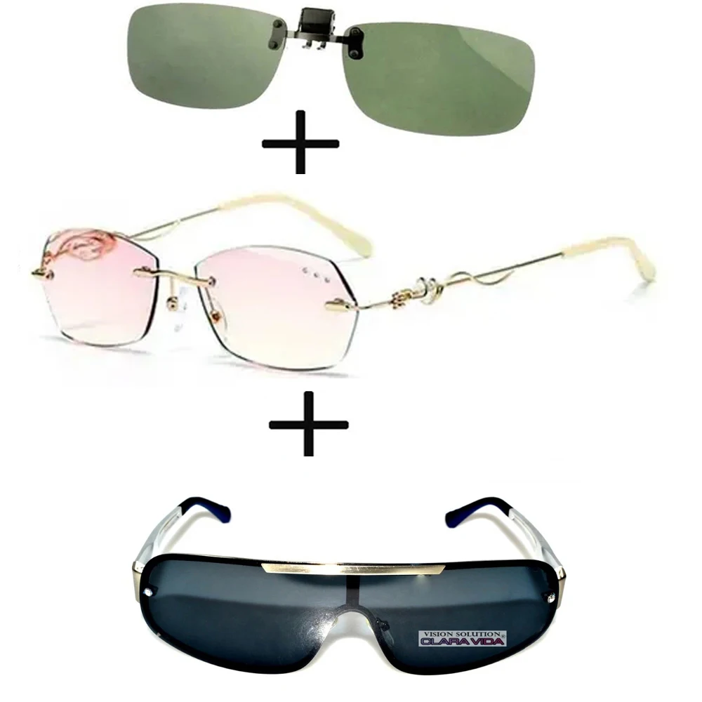 

3 шт.! Очки для чтения женские без оправы, роскошные лёгкие поляризационные солнцезащитные, без оправы, из сплава, с зажимом