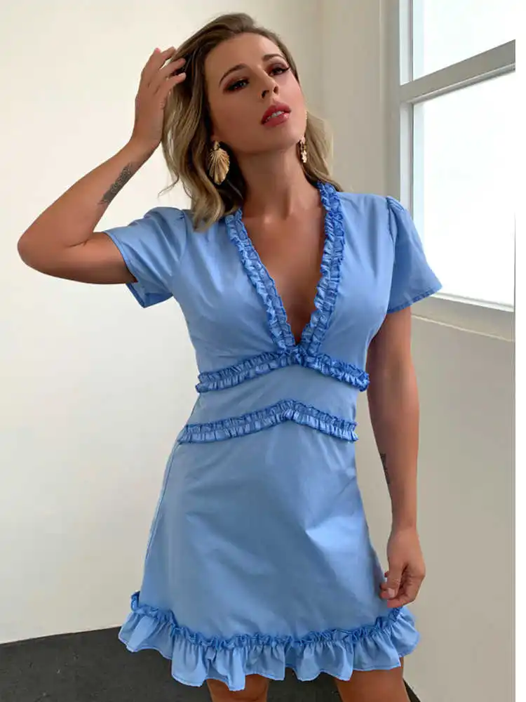 

Hallow Out Backless Sexy Dresses Women Cascading Ruffle V Neck Mini Dress Blue Short Sleeves Summer Vestidos For Lady