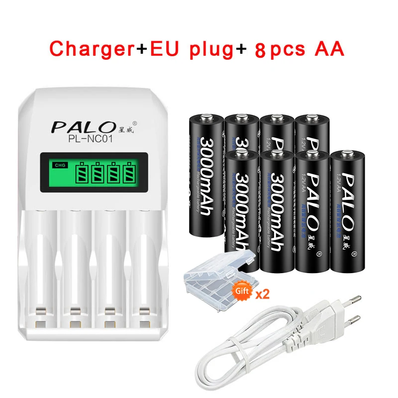 4 шт. AA батареи, перезаряжаемые батареи 1,2 V AA 3000mAh Ni-MH Предварительно заряженный аккумулятор 2A батареи для камеры фонарик - Цвет: 8pcs AA charger EU