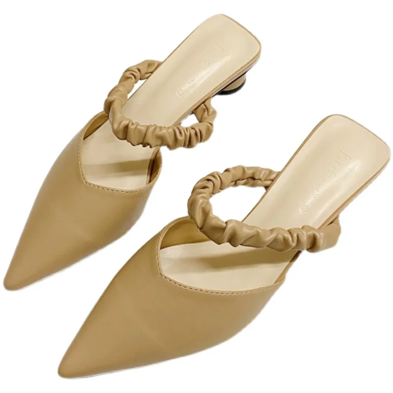 

High-Heeled Shoes Lady Woman's Slippers Shallow Slides Square heel Med Pointed Toe 2021 Summer Block Cover Soft Rubber PU Hoof