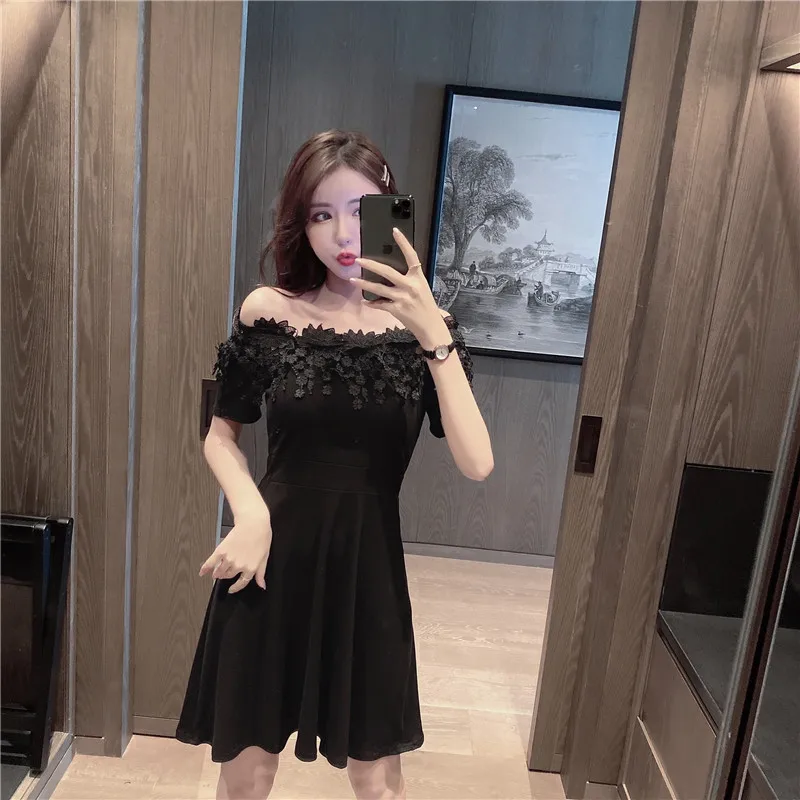 

Open Back open shoulder Women's Fashion Nightclub Sexy Mesh Solid Color Party Mini Hollow Out Lace Halter Women Clothes 95522