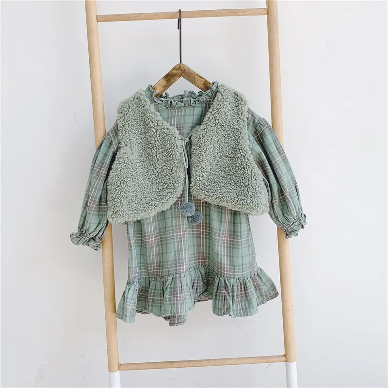 

Toddler Baby Girls Clothing Sets Fashion Korean Long Sleeve Ruffle Dress Lamb Vest Kids Clothes Autumn Baby Girl 2pcs Kids Suit