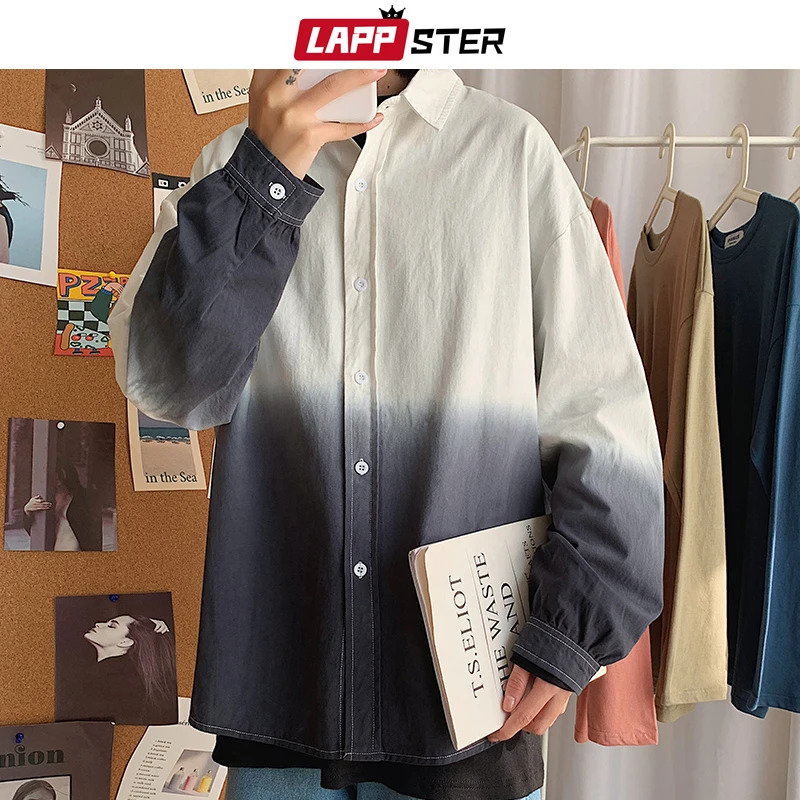 

LAPPSTER Men Tie Dye Harajuku Shirt Long Sleeve 2023 Autumn Oversized Button Up White Shirt Streetwear Fashions Vintage Shirt