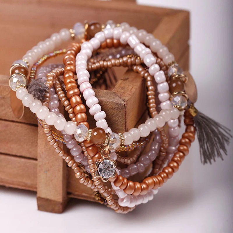 Богемные Многослойные конфетные цвета Кристалл бисер кисточка Charm Браслеты &amp