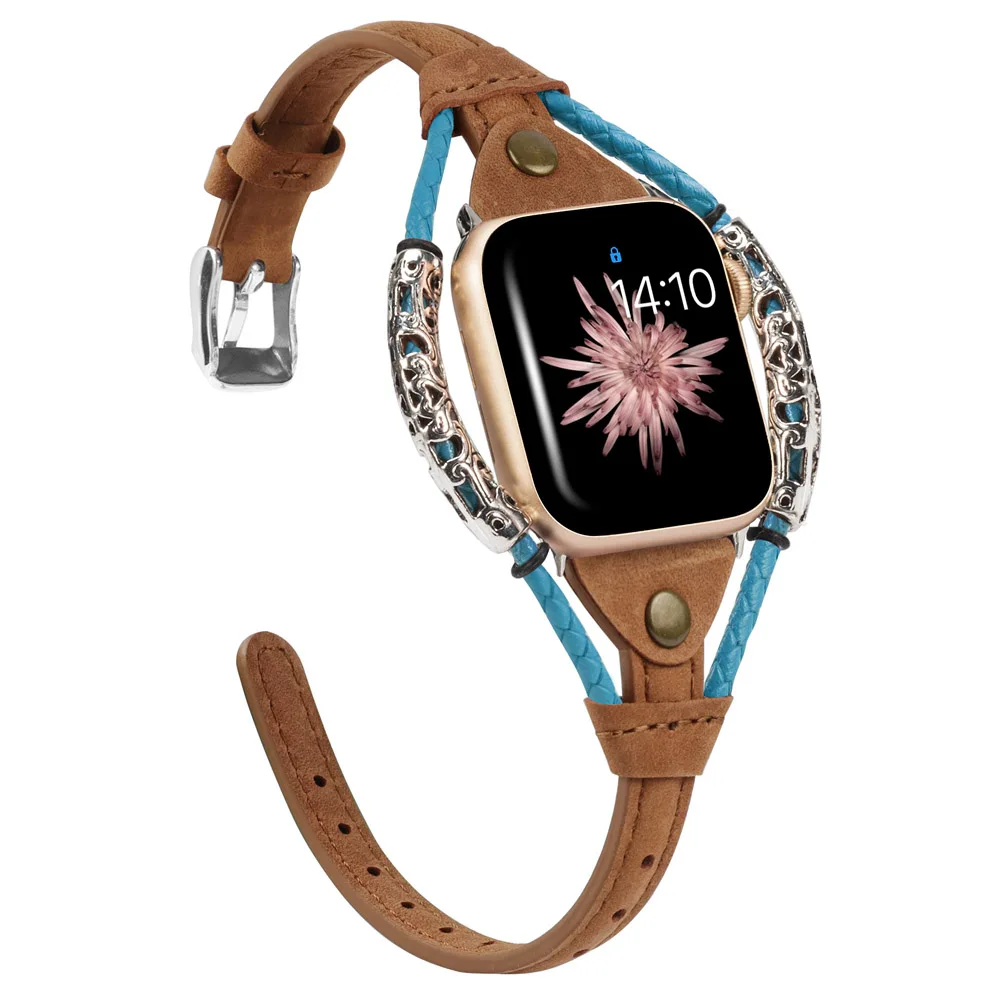 DBrBl Винтажный кожаный ремешок для Apple Watch Band женский твист полоса ремешок заклепки с металлической веревкой браслет нарядный стильный iwatch серия - Цвет ремешка: DBrBl