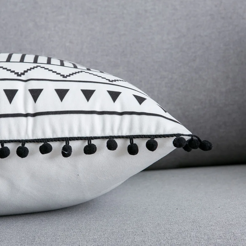 

White Black Rectangle Pillow Cover Simple Decorative Cushion Cover Soft elegant Geometry Cutton Linen Pom Ball Fringe 45x45cm