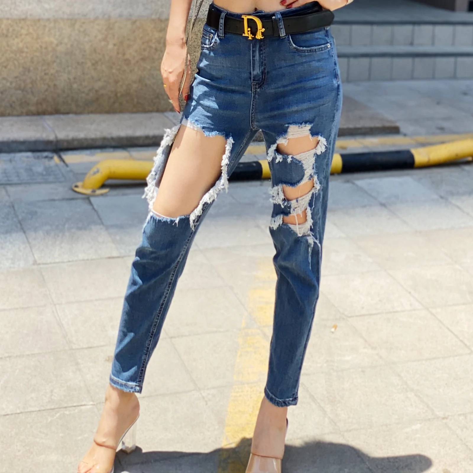 Euro 2021 new summer thin perforated jeans women's High Waist Stretch slim little feet quarter pants fashion