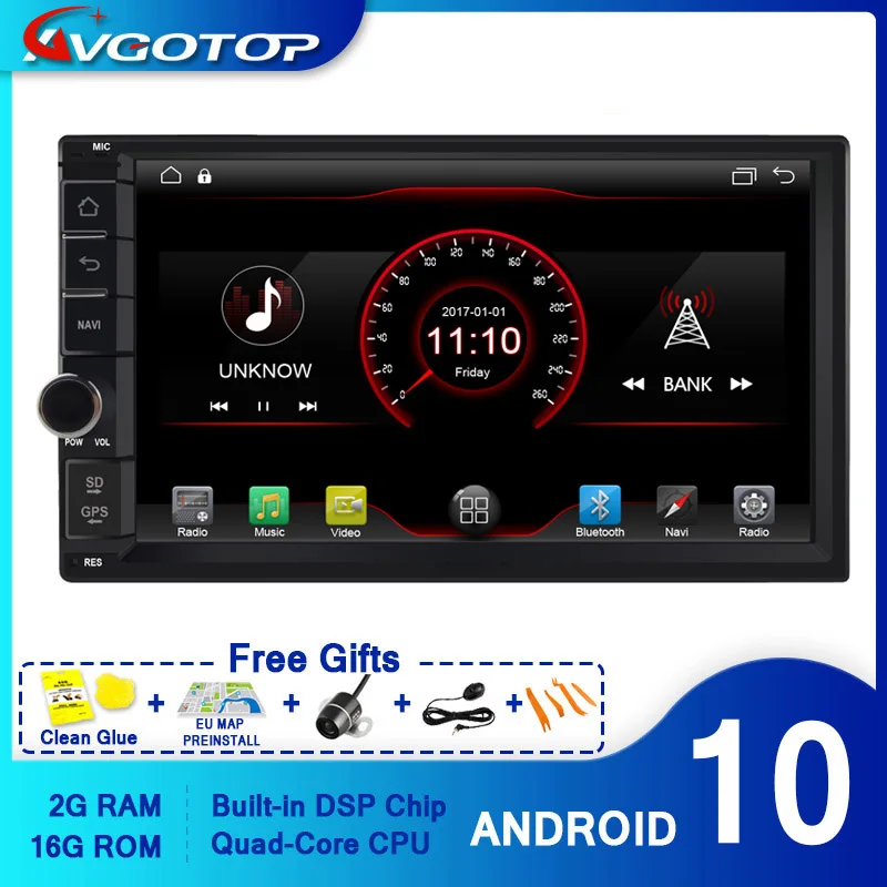 AVGOTOP Android 10 автомобильный DVD плеер мультимедиа для универсального 2G 16G Bluetooth радио