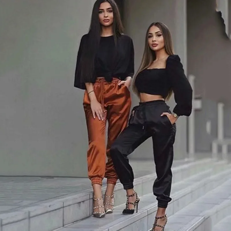 

2020 Summer Satin Cargo Pants Women Europe Loose Casual Sport Women Joggers Streetwear Cargo Pants Women Pencil Pants