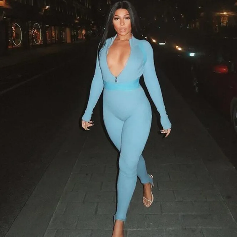 

Ribbed Sexy Bandage Jumpsuit Women Zipper V Neck Long Sleeve Fitness Rompers Womens Jumpsuit Winter Playsuit Female Streetwear