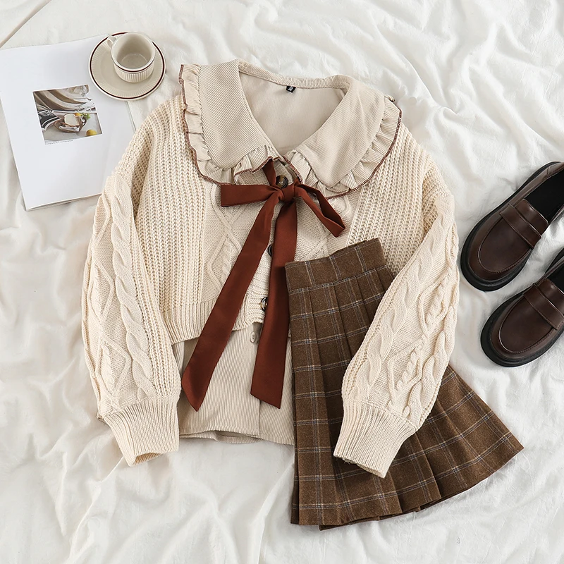 

Japan Preppy Style Plaid A-line Short Skirt Three Piece Outfits for Women Bow Peter Pan Collar Shirts V-neck Knitted Cardigans