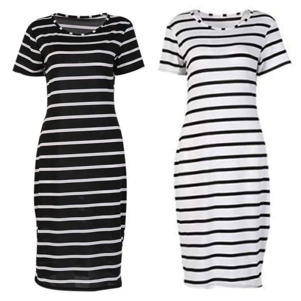 Женские вечерние пляжные платья миди повседневные черно белые в полоску с