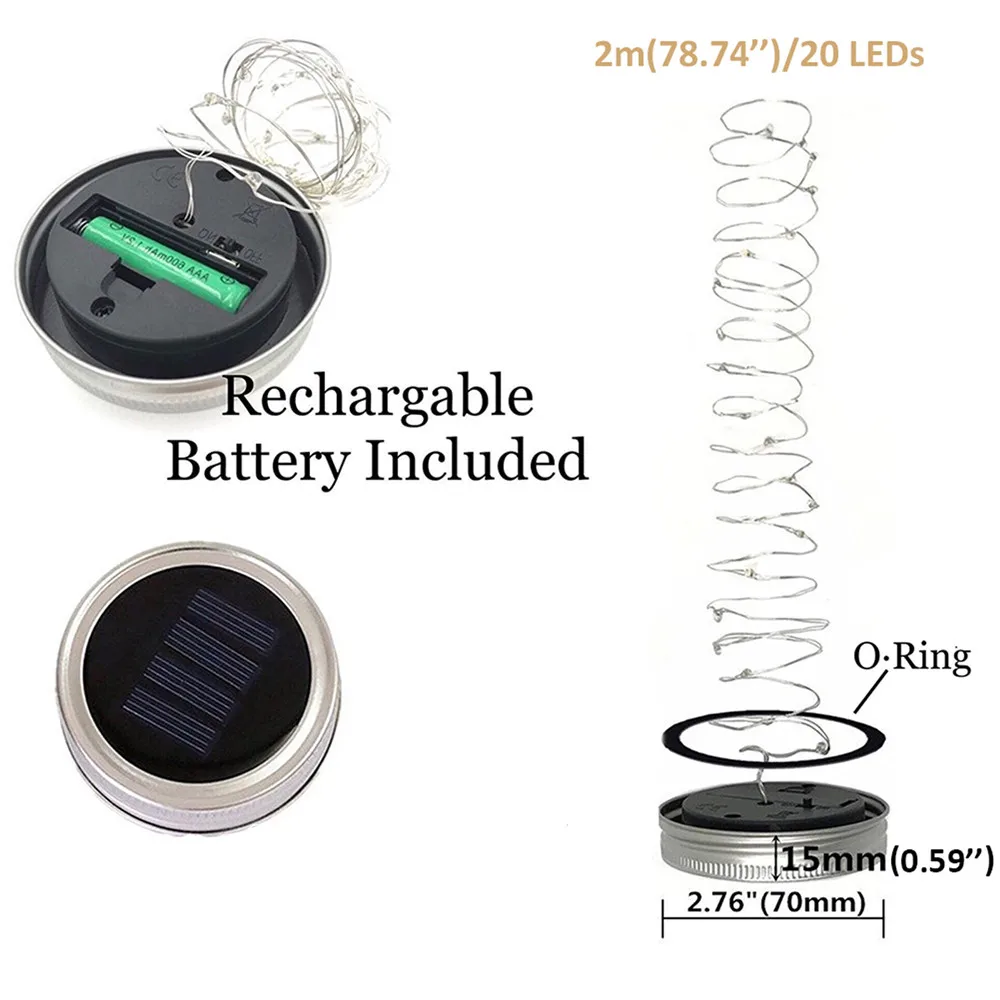6PCS Solar Mason Jar Lid Light With 3m String Lights Handle 30 LEDs Hanging Lantern Lamp For Garden Decoration Colorful | Лампы и