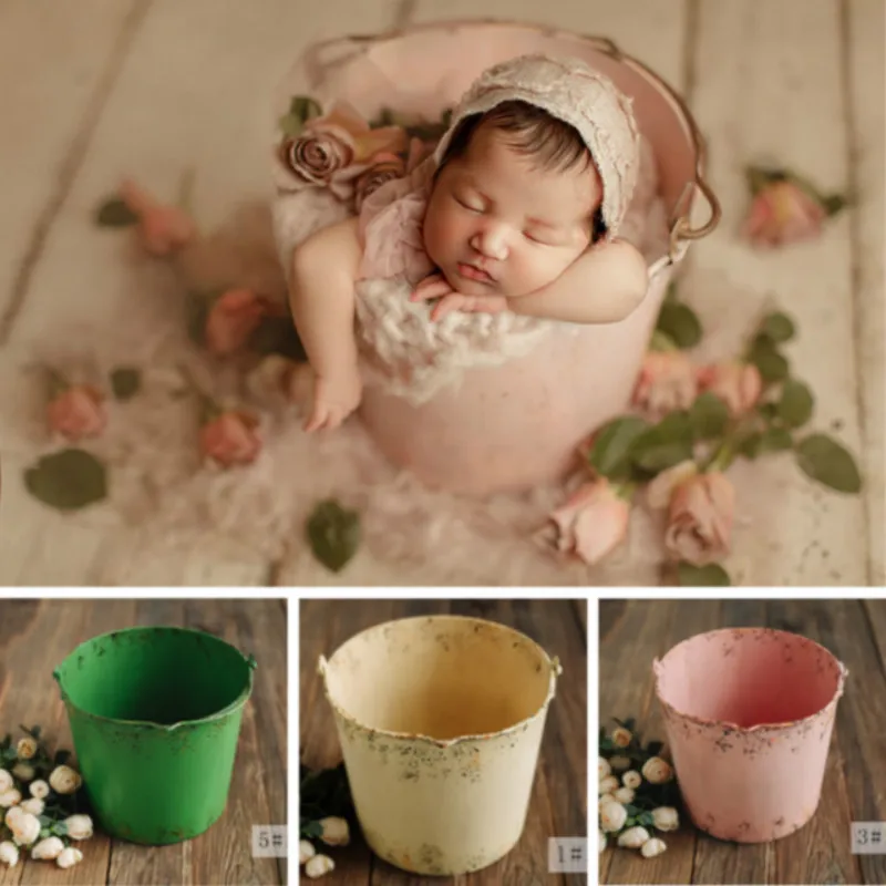 

Colorful Iron Buckets Newborn Photography Props Retro Baby Posing Containers Do Old Baby Posing Props Infant Shoot Accessories