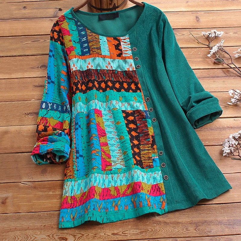 Туника женская с винтажным принтом повседневные Лоскутные пуловеры круглым
