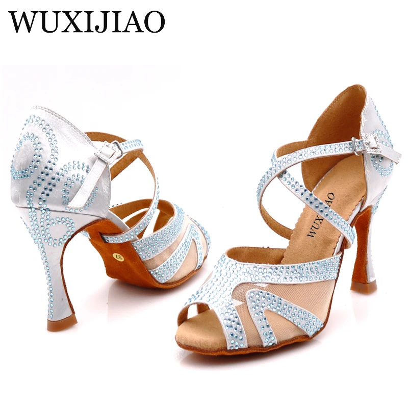 Серебристые атласные туфли для латиноамериканских танцев WUXIJIAO со стразами