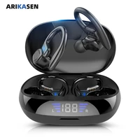 arikasen bluetooth earphone tws wireless headphones with microphone led display earhook sports stereo gaming earbuds headsets