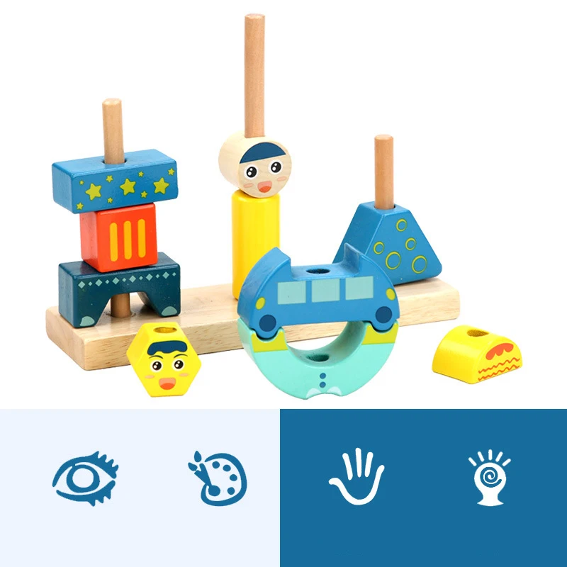 Children's Cartoon Building Block Stacking Toys Wooden Puzzles Day & Night Tower Shape Matching Games For kids Learning | Игрушки и