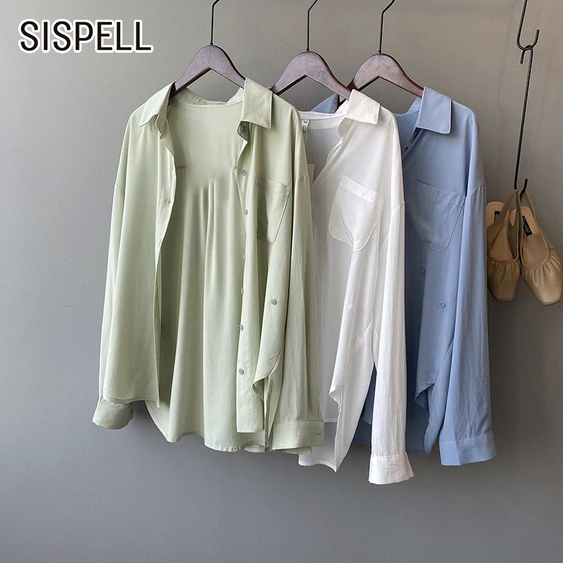

Женская блузка с отложным воротником SISPELL, однотонная Повседневная рубашка с длинным рукавом и высокой талией, свободного покроя, 2021