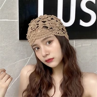 hat woman hand knitted flowers hollow thin cap spring and summer lace breathable turban cap crochet toe cap cotton thread