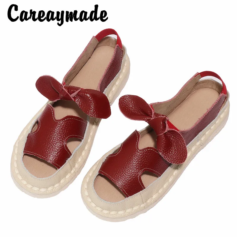 Careaymade-Cowhide soft sole hollow shoes Literature Art Korean flat sole pregnant women's shoes Roman  comfortable sandals