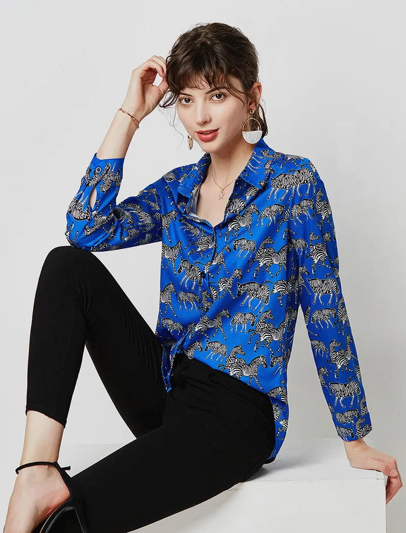 Женская Свободная блуза с длинным рукавом отложным воротником и принтом