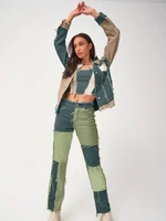 2021 new trend green stitching high waist tight hip womens straight denim trousers fashion patch jeans