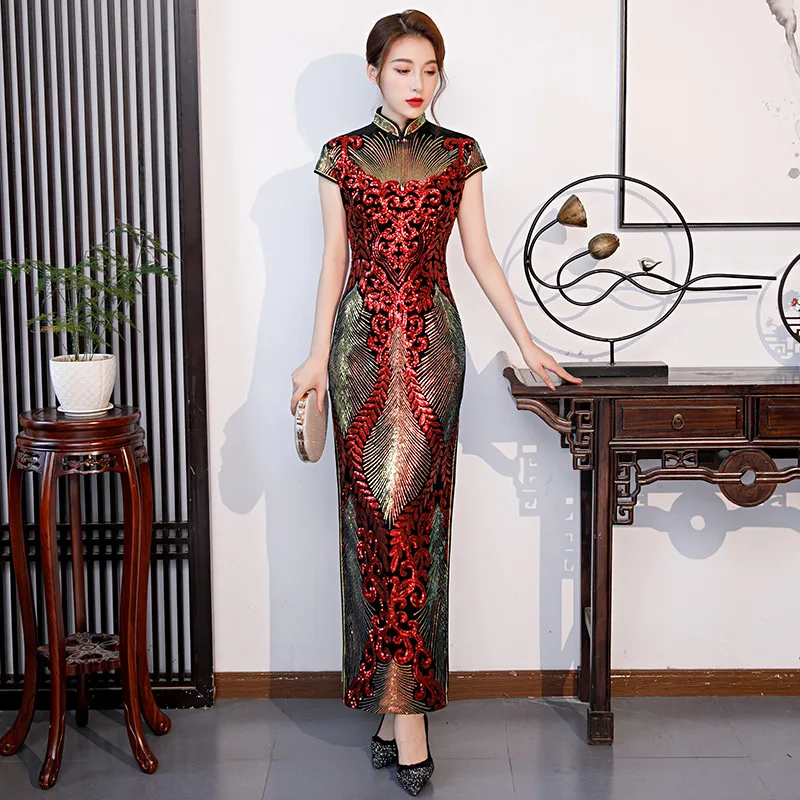 

15 Style Velour Sequin Cheongsam Women Slim Velvet Qipao Elegant Evening Party Dress Vestidos Oversize 4XL