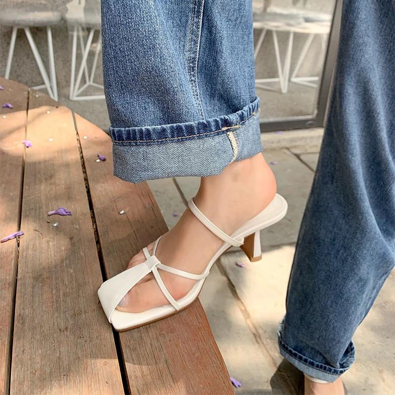 

Genuine leather Shoes Woman slippers 2021 Fashion Women High Heels Sandals For Women Summer New Party Basic Women Slipper