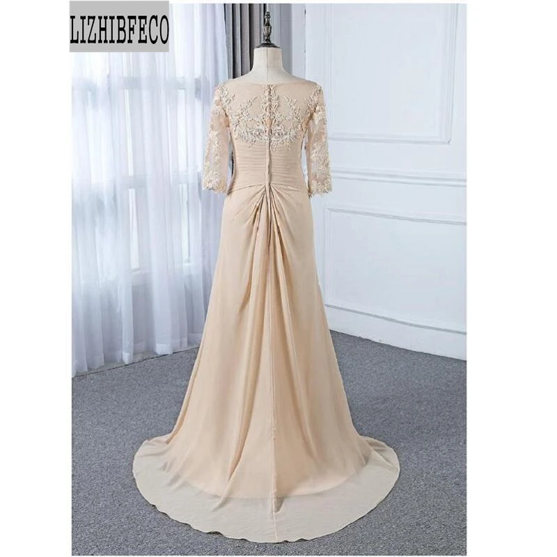 Champagne Chiffon Lace Beading V-Neck Half Sleeves Floor-Length A-line Mother of the bride dress Court Train