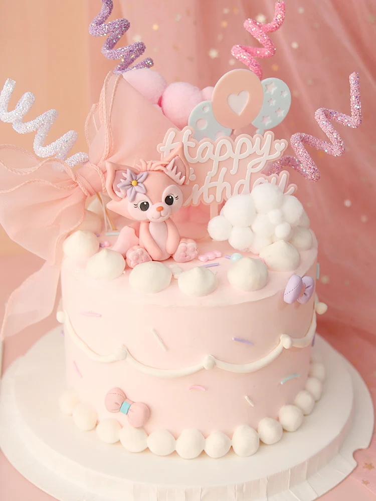 Милая розовая лиса Бант Цветок торт Топпер Девочка День рождения десерт