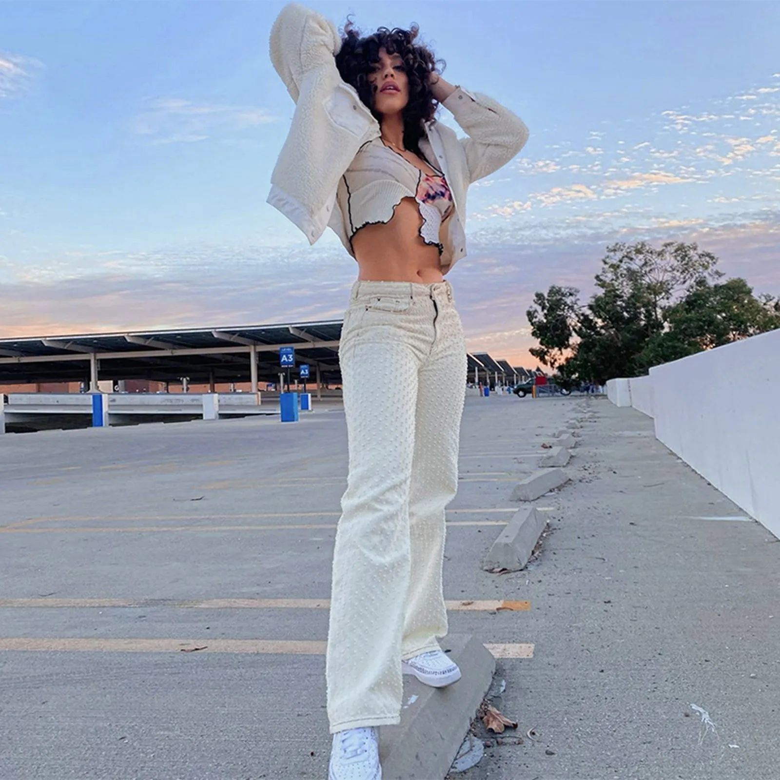 

2021 Women Wide Leg Pants Ripped Texture Straight Leg Pants Trousers Jeans Ladies Casual Loose Trousers Jeans Y2k