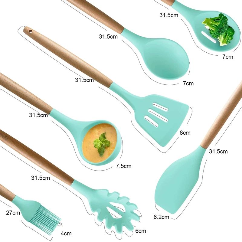 Kitchen Utensils Silicone Wooden Handle Non-Stick Cookware Heat-Resistant Spatula Spoon Tool Set | Дом и сад