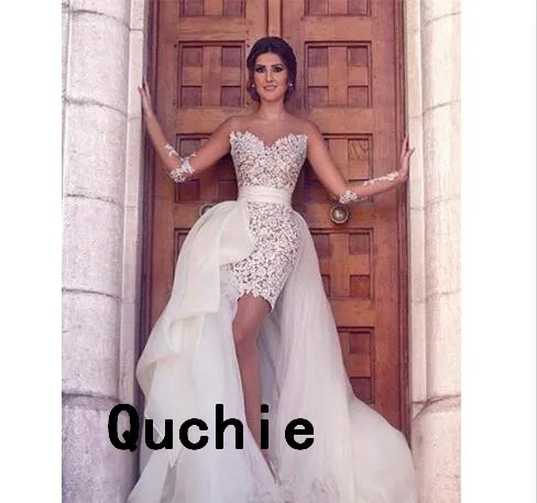 

Detachable Train Wedding Dresses Appliques High Low Illusion Knee Length Vestidos De Novia Bridel Gown Abiti Da Sposa