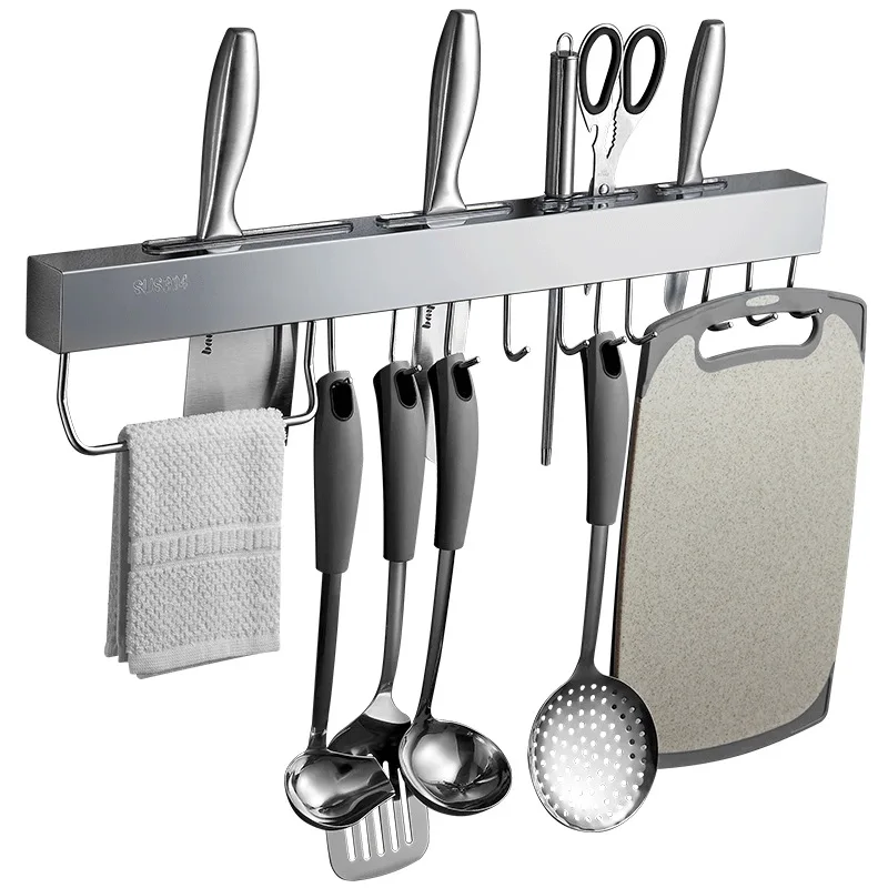 

Hole-free 304 stainless steel tool holder kitchen pendant movable hook wall hanging kitchen storage rack with towel rod
