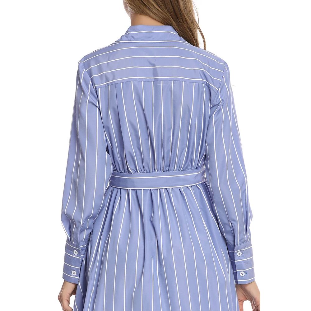 

Women Blue Stripe Dress Elegant A-line Loose With Belt Long Sleeve Office Lady Casual Fashion Dress Knee Length Summer 2020 New