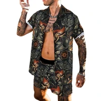beach outfit digital print short sleeve men lapel buttons shirt shorts set for beach