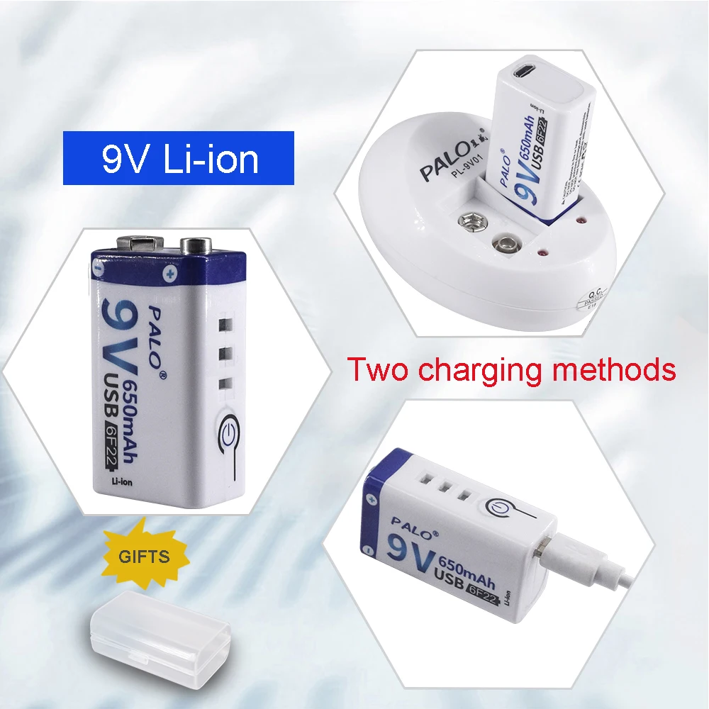 Литий-ионная аккумуляторная батарея PALO 9 В 650 мАч usb 6F2 2 литиевая для микрофона