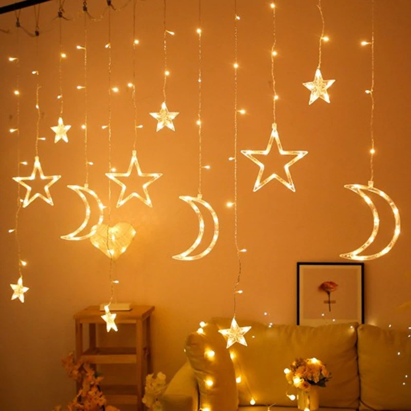 

Star Moon Curtain String Light Ramadan Decor Twinkle Fairy Lights Ornament for Bedroom Home Wedding Christmas Party Decoration