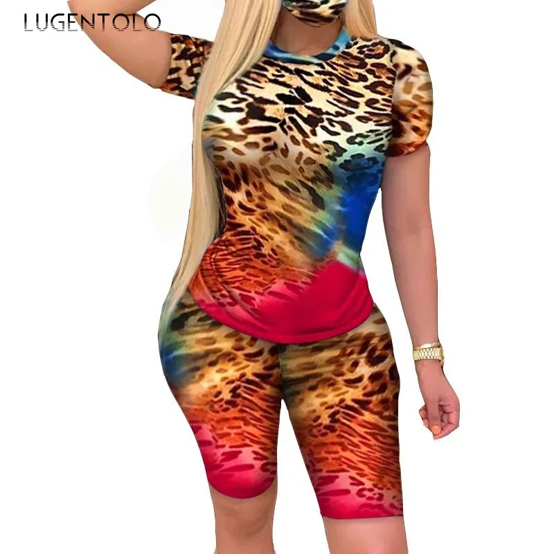 

Lugentolo Summer Women Two Piece Set New Leopard Print Short Sleeve O-neck Tops Casual Short Pants Female Fashion Sets 5XL
