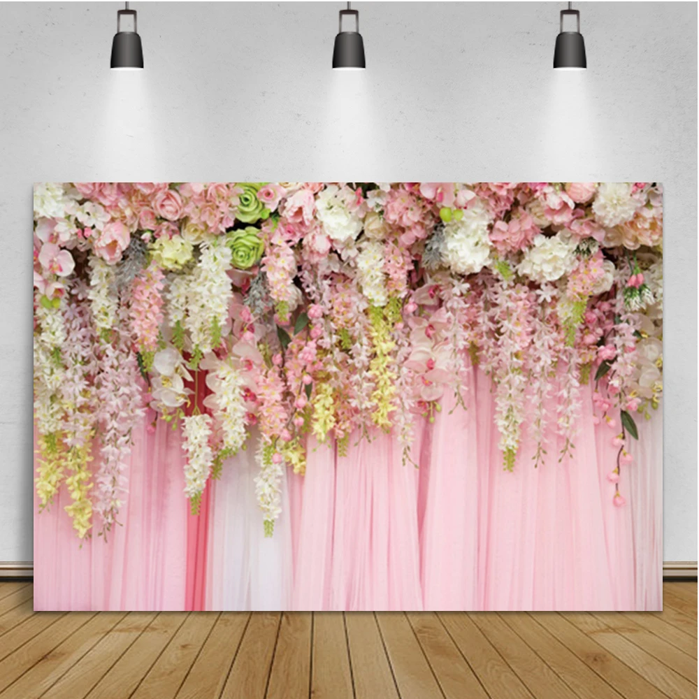 

Laeacco Wedding Stage Photography Background Pink Flowers Lace Birthday Portrait Custom Backdrop Photocall For Photo Studio