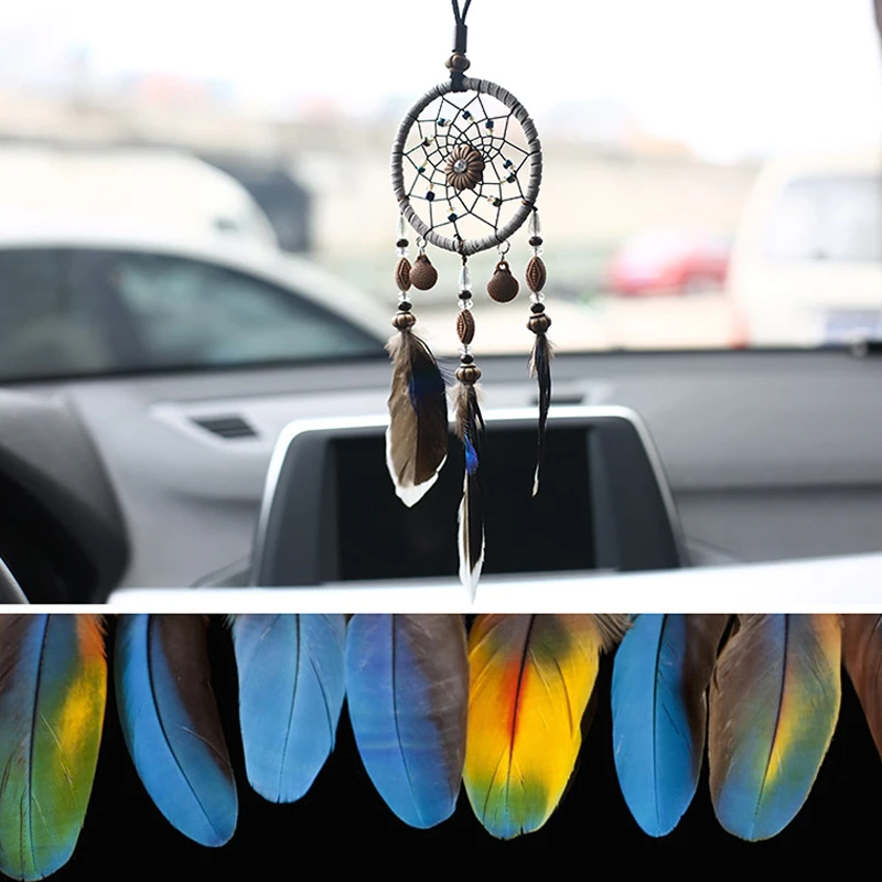 Мини Ловец снов для автомобиля украшенный бисером натуральные перья и ручная