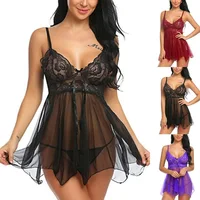 Sexy Lingerie Ladies Silk Lace Sleeveless Babydoll V-neck Nightdress Pajamas Evening Dress Plus Size Underwear Thong Set 1