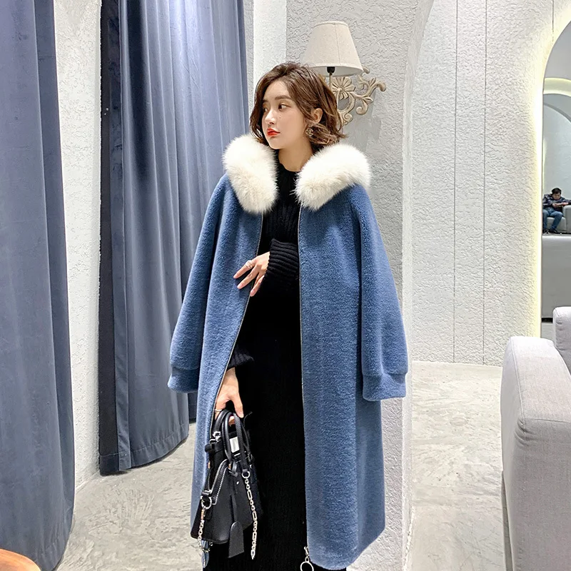 Женская зимняя Овчина + большое пальто из натурального меха лисы с капюшоном в