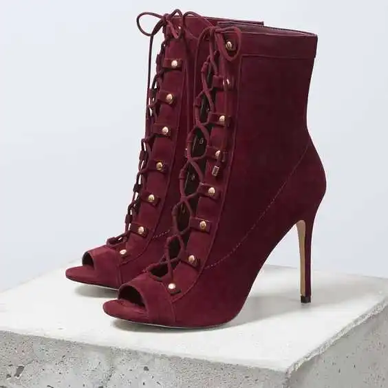 

Wine red suede cross strapping rivet sexy boots sandals
