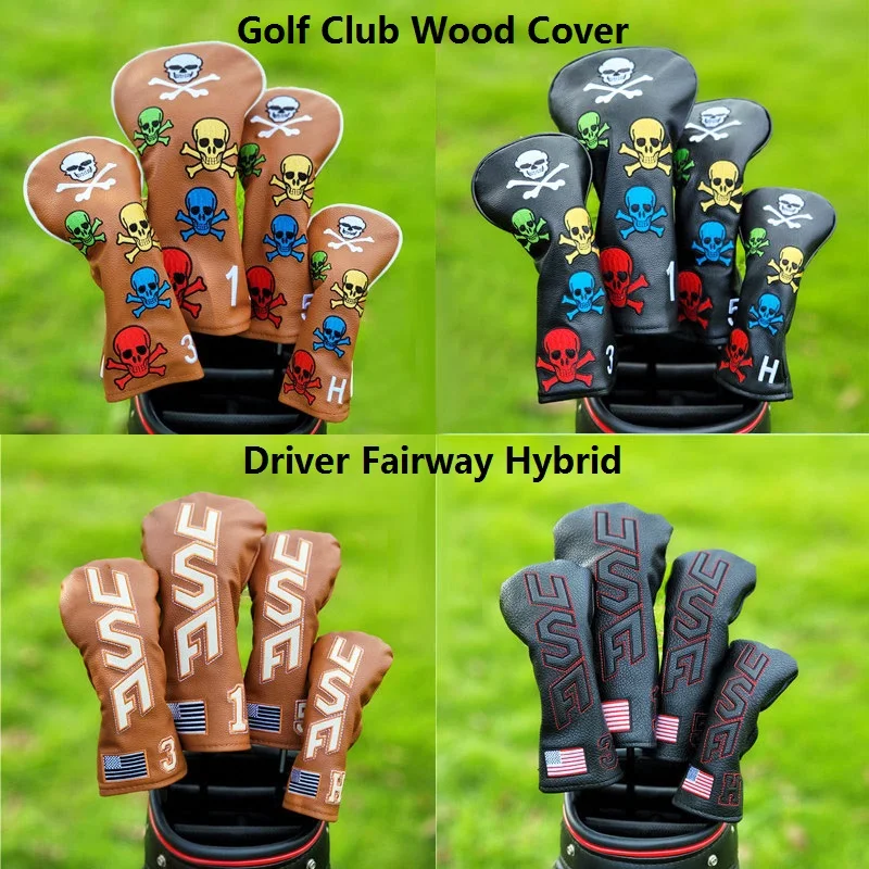 USA Skull Golf Club Headcover Wood Driver Fairway Hybrid 1 3 5 UT Set Waterproof PU Leather Protector Golf Accessories Cute Gift