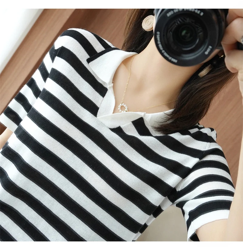 

2021 Top Fashion 20703 Hall Row 6 No.2 Upper] Non Real Shot Net Red Picture Lapel Stripe Short Sleeve Knitted T-shirt 32