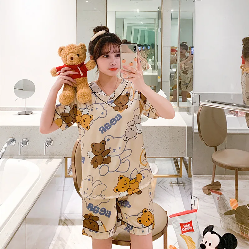 

Pajamas Female Summer Ice Silk V-neck Sweet Cartoon Cute Girl Loose 5XL Code Suit
