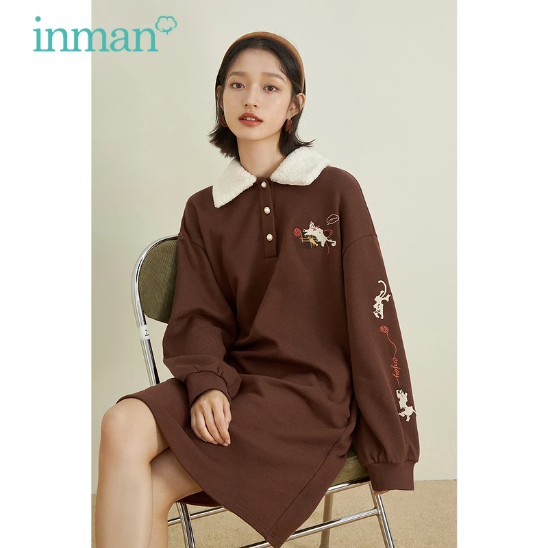 

INMAN Women's Thick Dress Autumn Winter Warm Wool Collar Fun Pattern Enbroidery Casual Women's Dresses Style Loose Brown Female