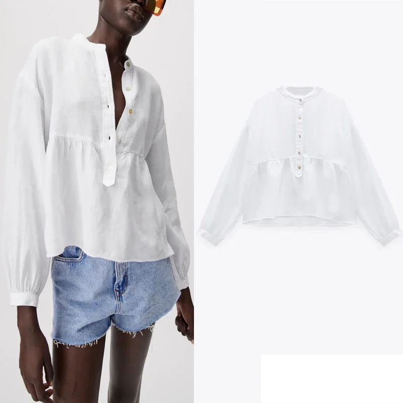 

Za Women Shirts 2021 Vintage White Linen Round Neck Summer Shirt Casual Loose Front Button Long Sleeve Fashion Female Tops Mujer